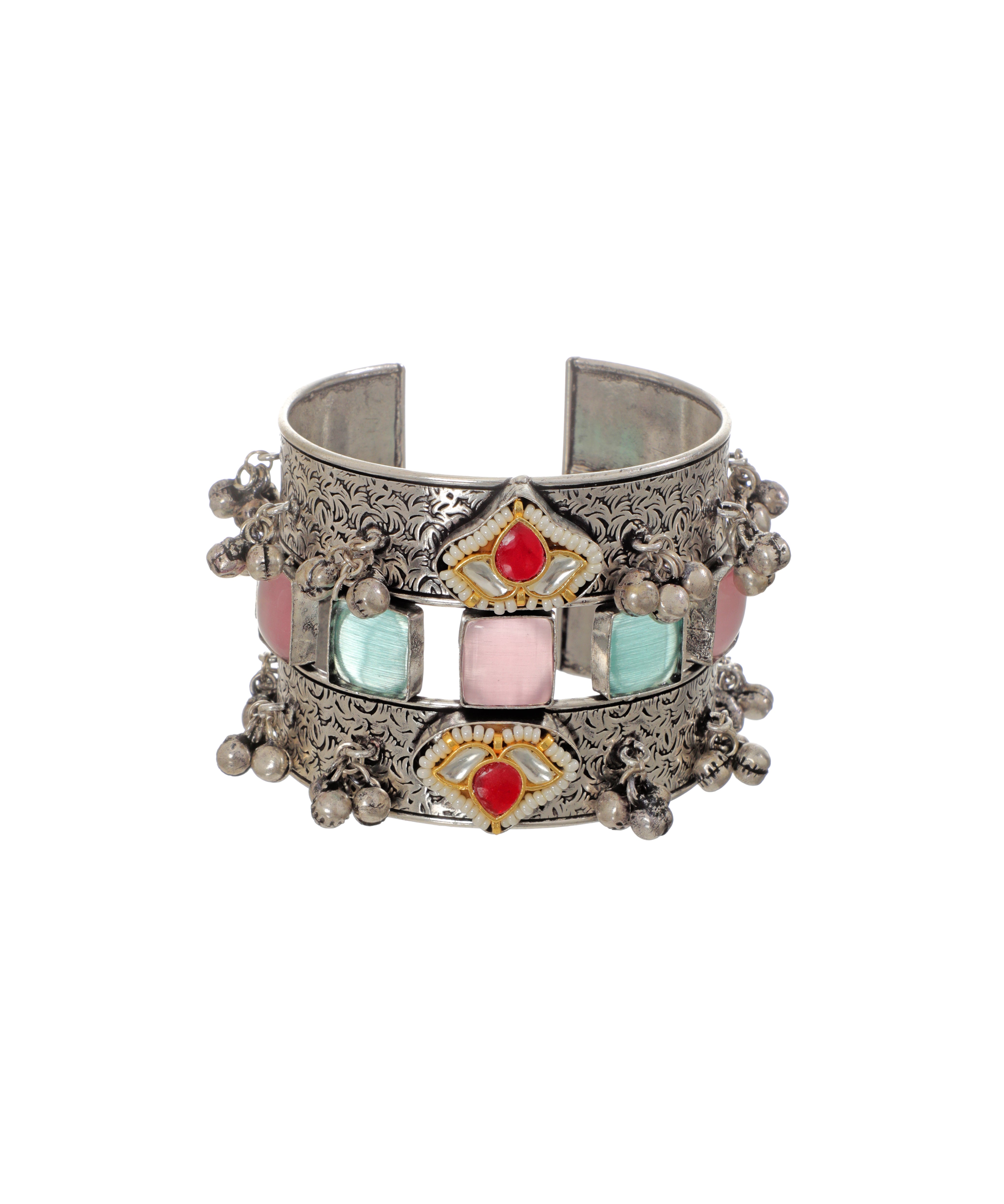 Engraved Oxidised  Cuff Bracelet with Pastel Stones | Stylika