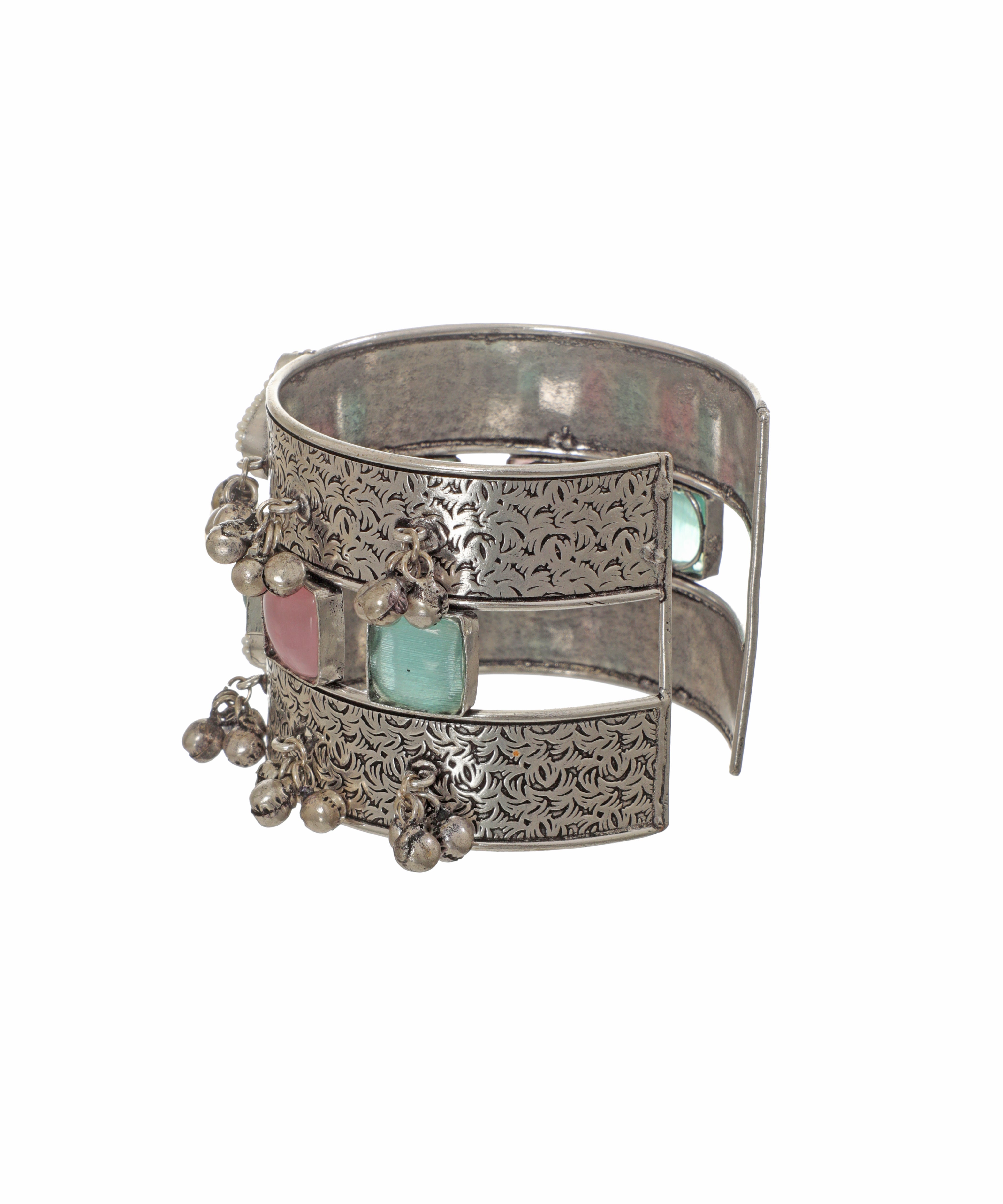 Engraved Oxidised  Cuff Bracelet with Pastel Stones | Stylika