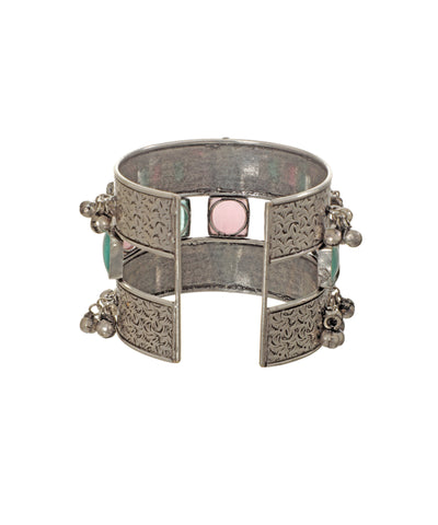 Engraved Oxidised  Cuff Bracelet with Pastel Stones | Stylika