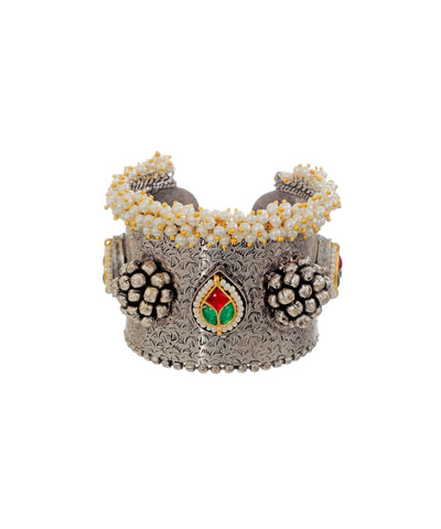 Oxidised Floral Etched Pearl Cluster Cuff Bracelet | Stylika