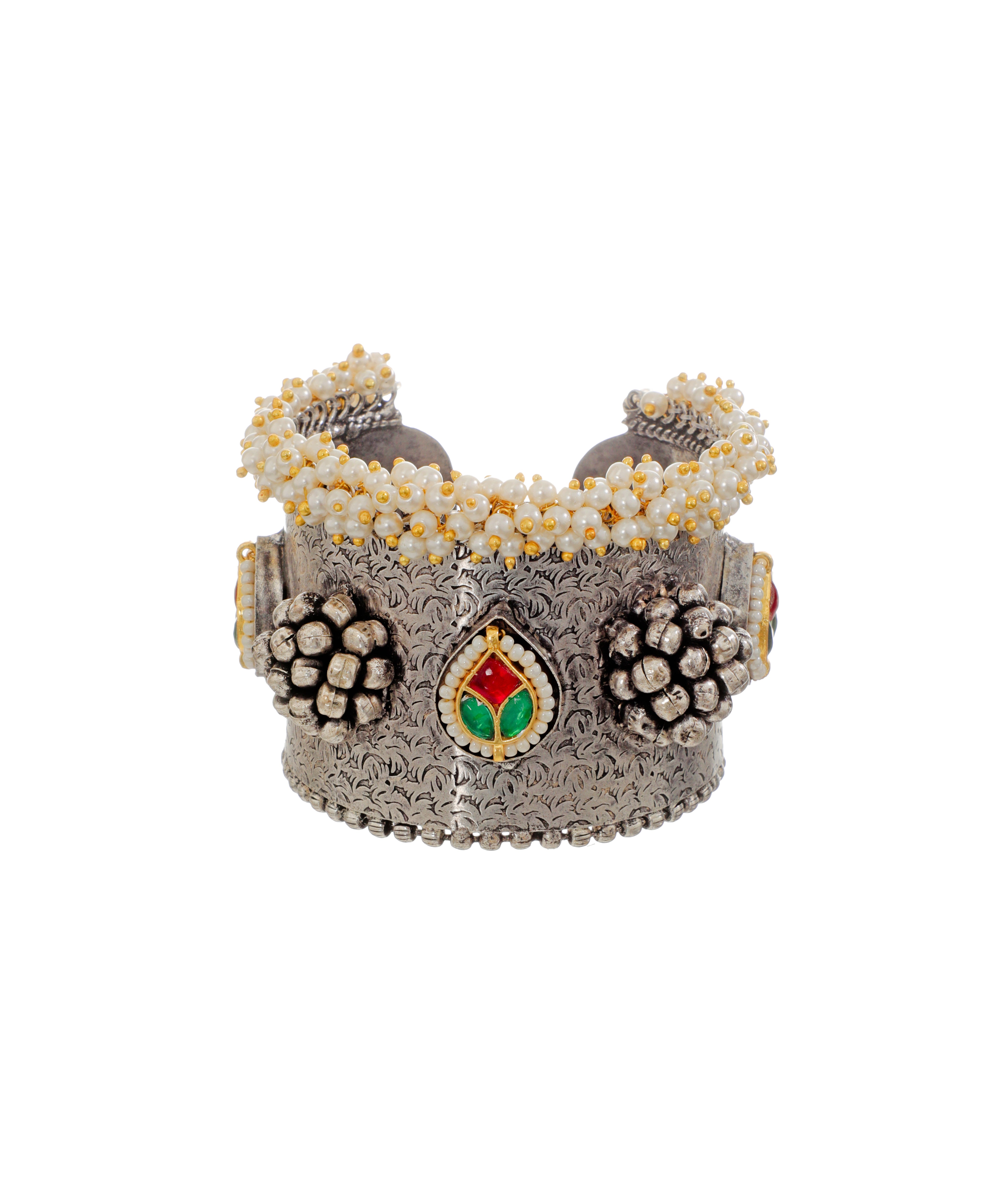 Oxidised Floral Etched Pearl Cluster Cuff Bracelet | Stylika