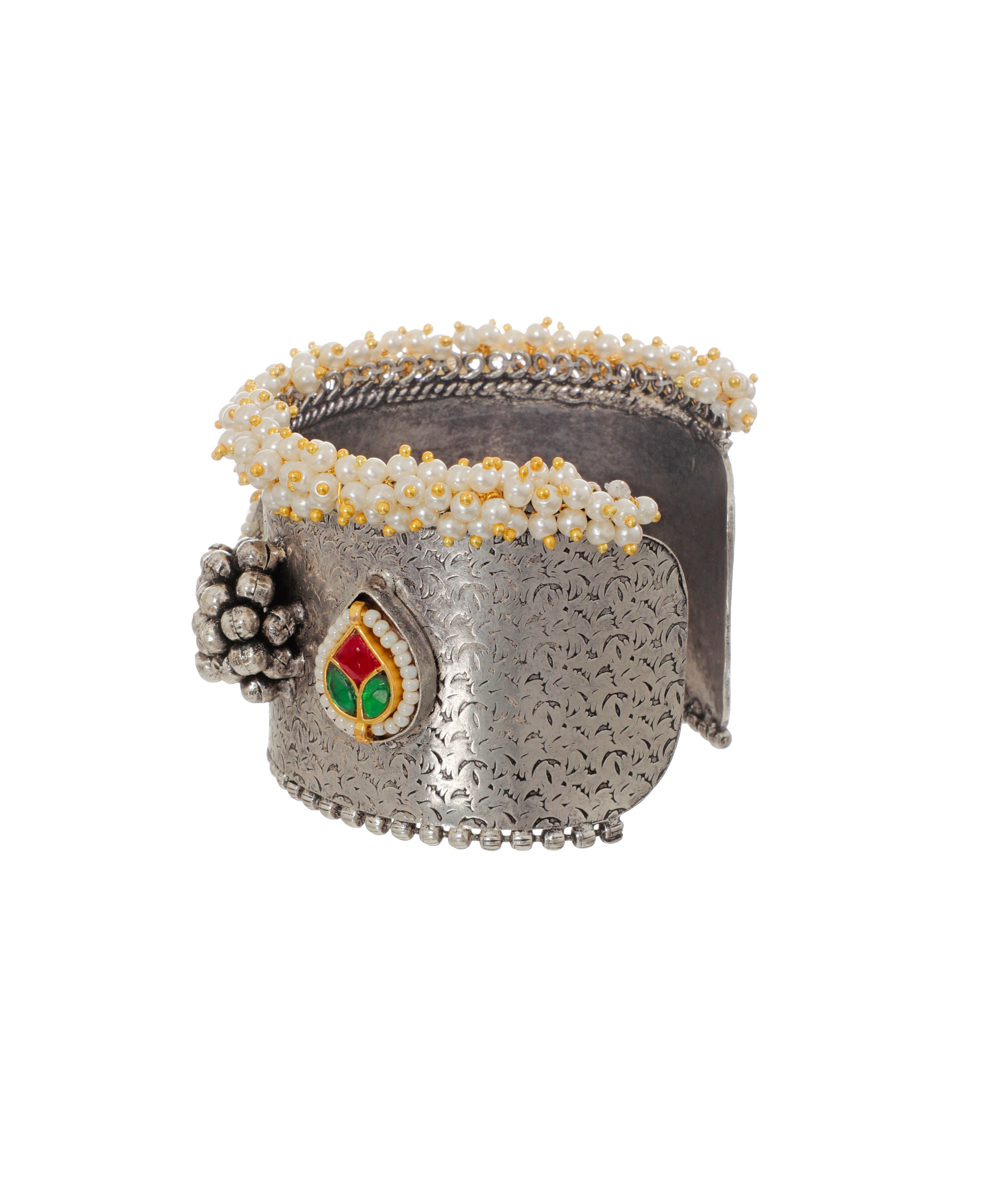 Oxidised Floral Etched Pearl Cluster Cuff Bracelet | Stylika