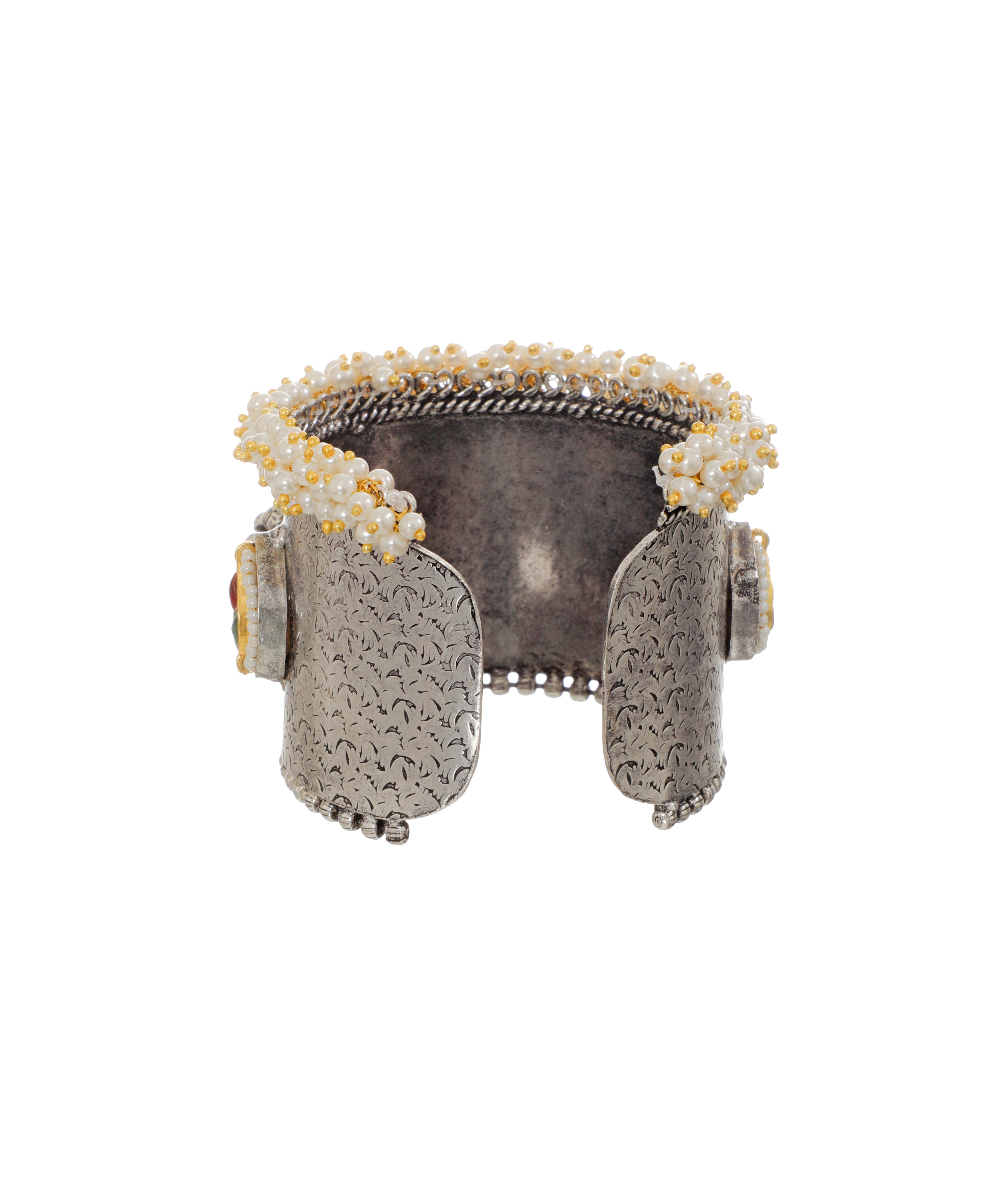 Oxidised Floral Etched Pearl Cluster Cuff Bracelet | Stylika