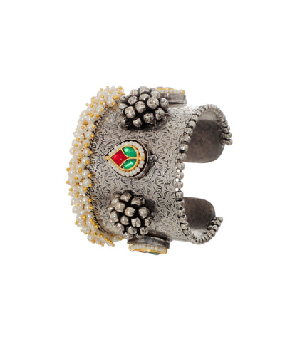 Oxidised Floral Etched Pearl Cluster Cuff Bracelet | Stylika