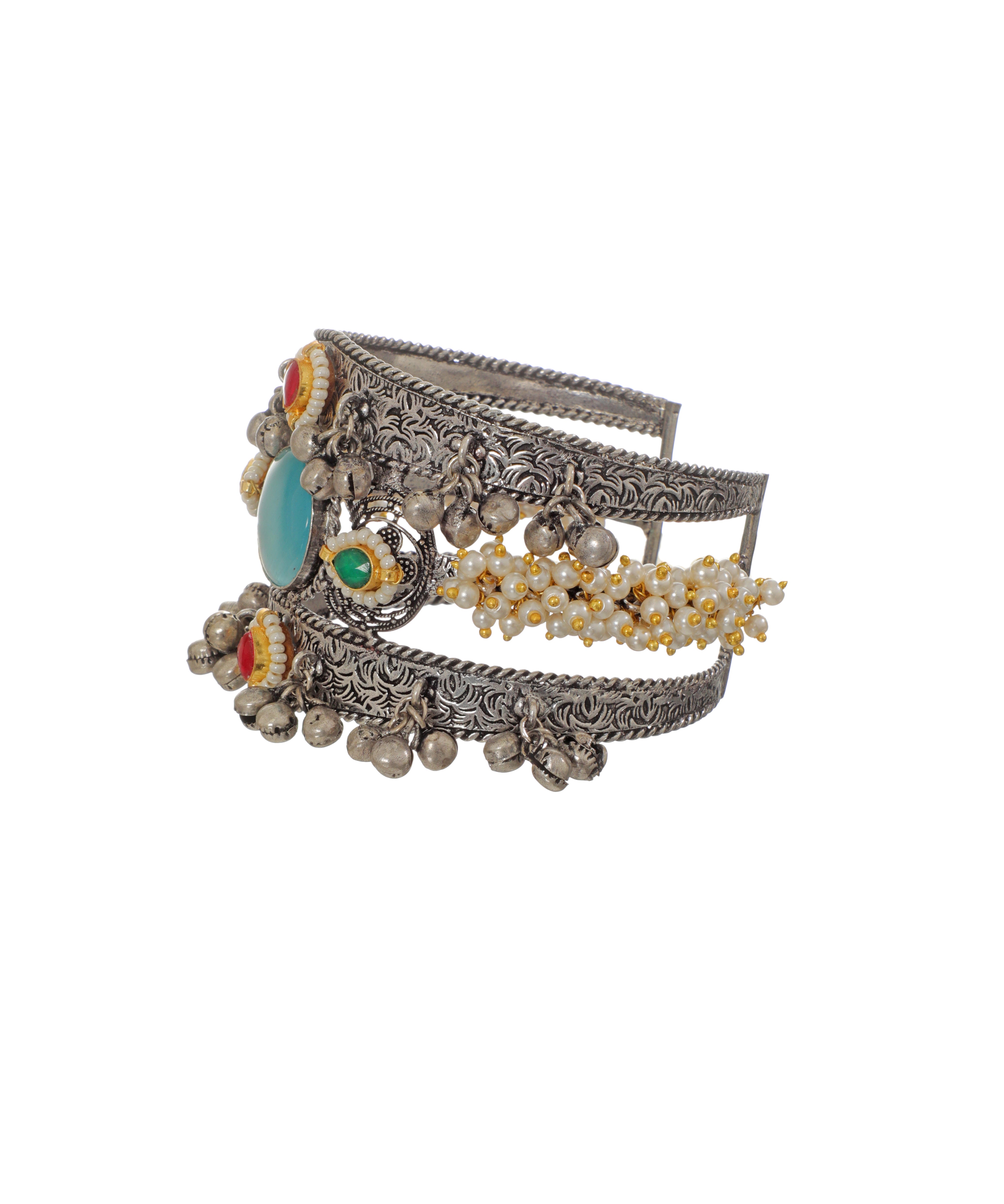 Traditional Design Oxidised Cuff Bracelet with Ghungroos | Stylika