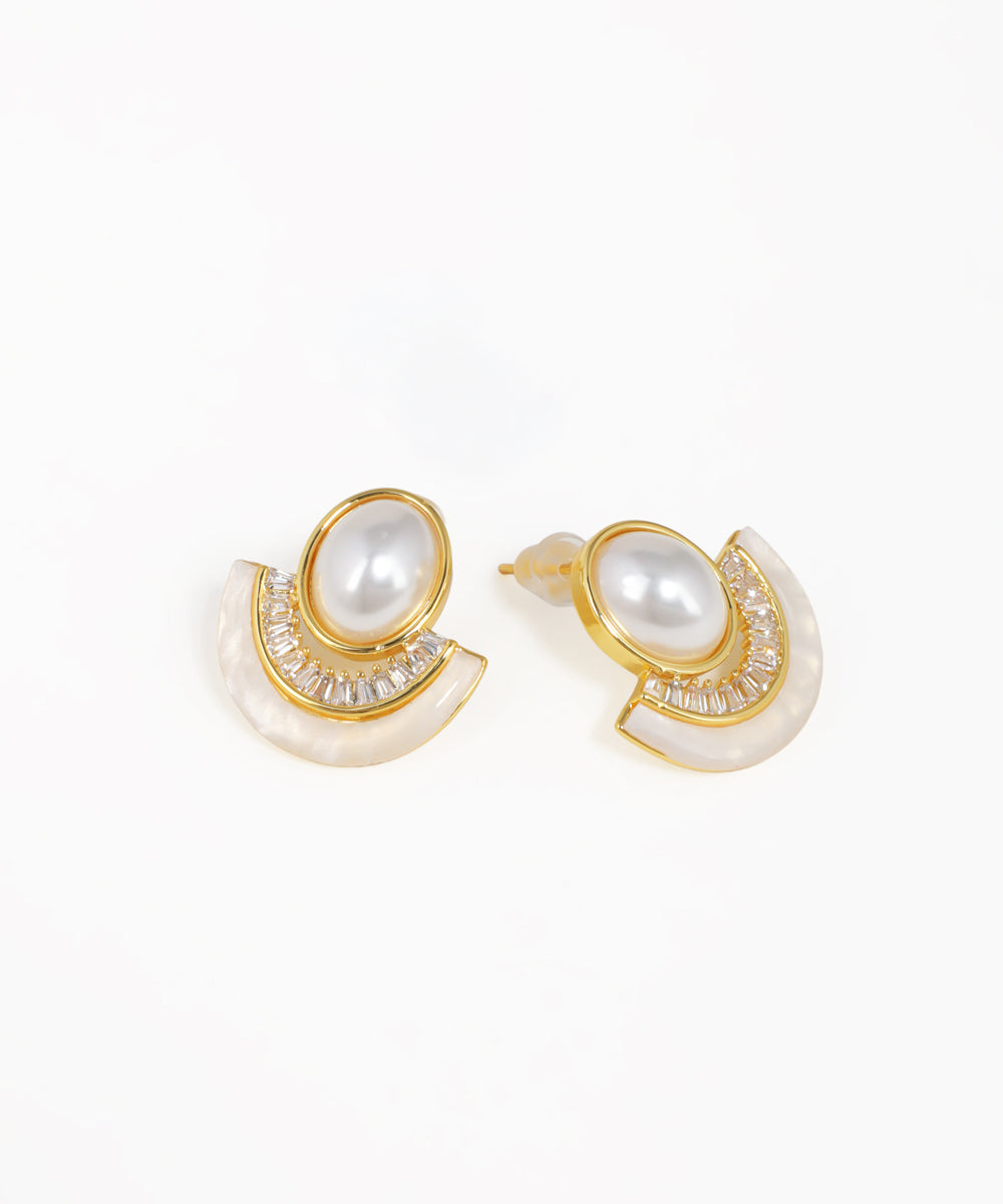 Modern arc fan stud earrings with gold-tone finish and sculptural design