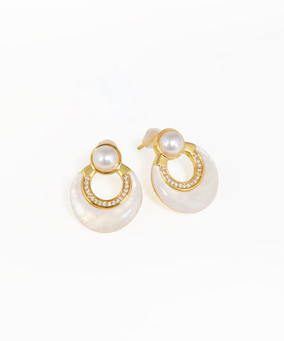 Contemporary iridescent disc arch drop earrings with gold-tone finish