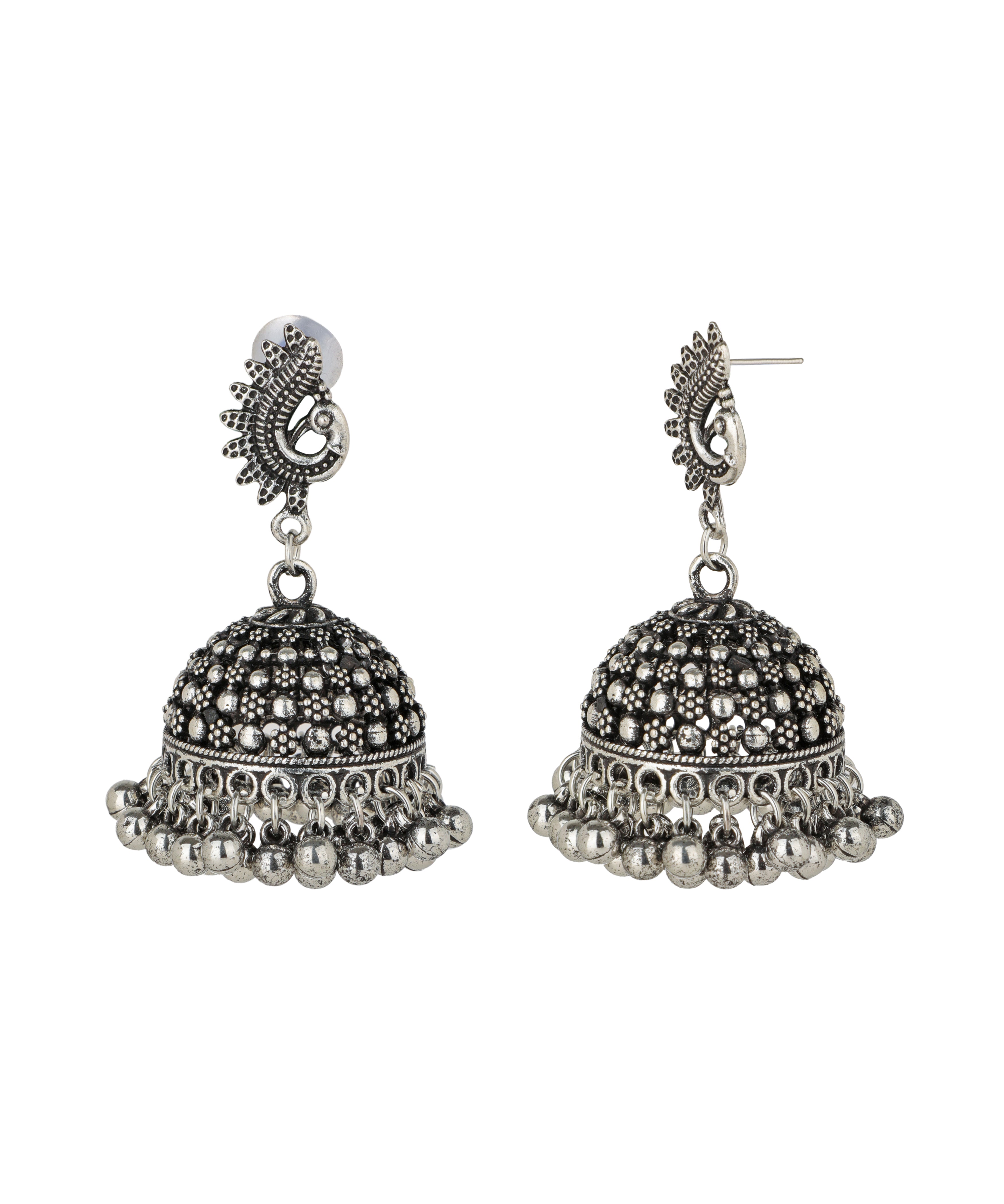 Peacock Motif Stud Jhumka Oxidised Earrings | Stylika