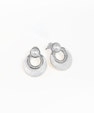 Modern geometric drop earrings with shimmering iridescent discs