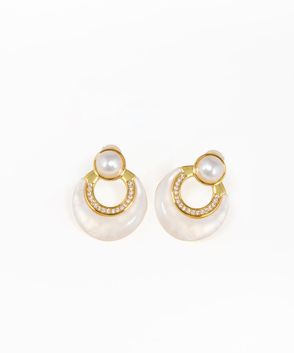Designer-inspired arch drop earrings with iridescent disc detailing