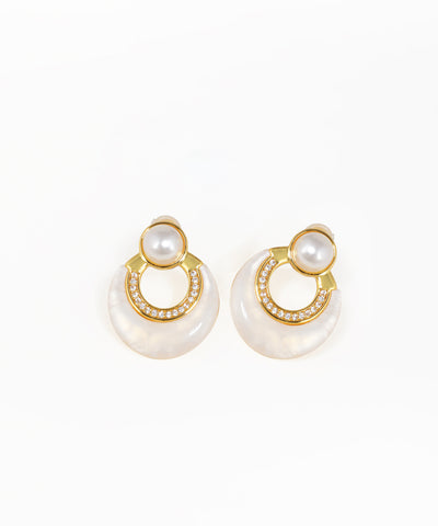 Designer-inspired arch drop earrings with iridescent disc detailing