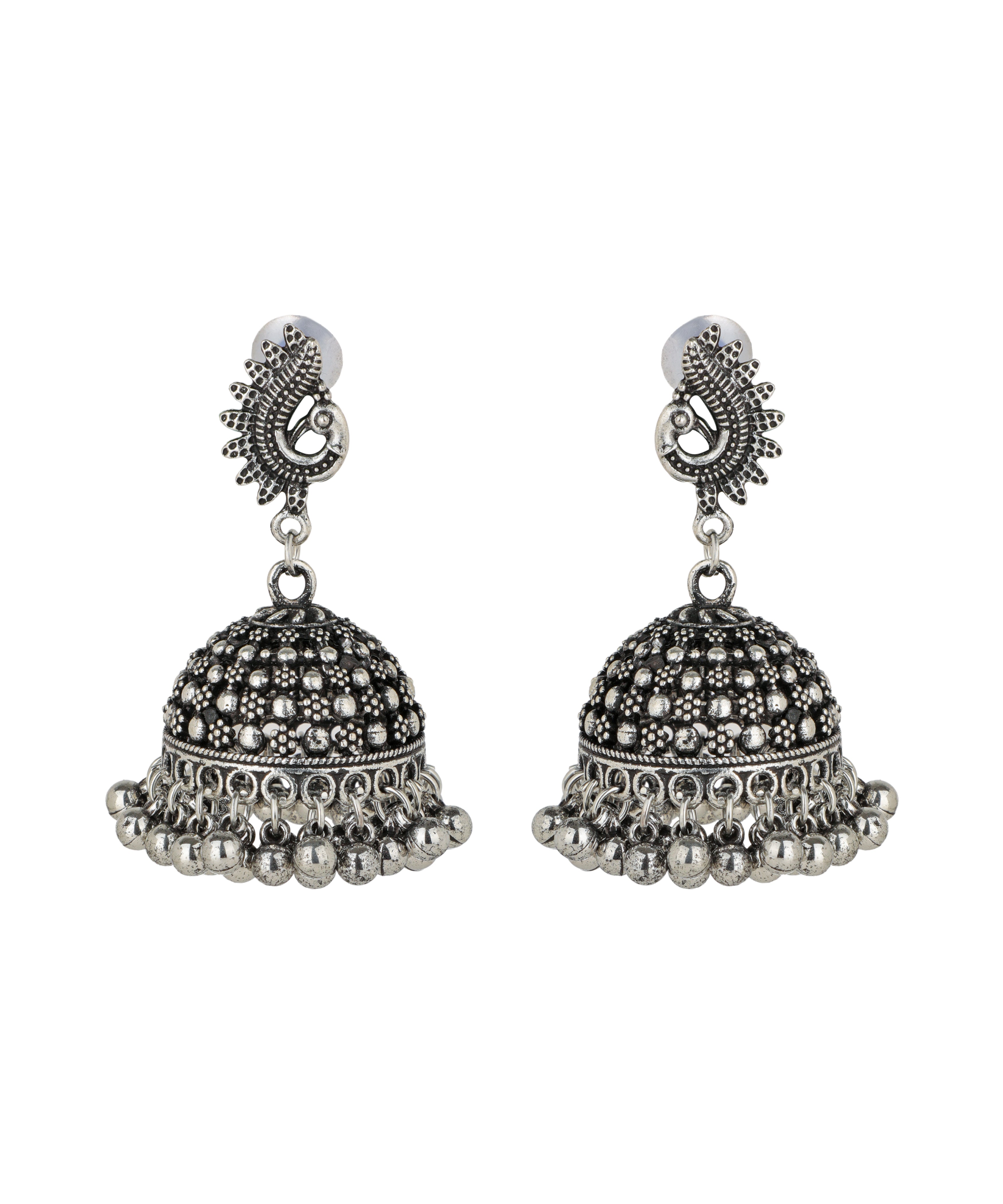 Peacock Motif Stud Jhumka Oxidised Earrings | Stylika