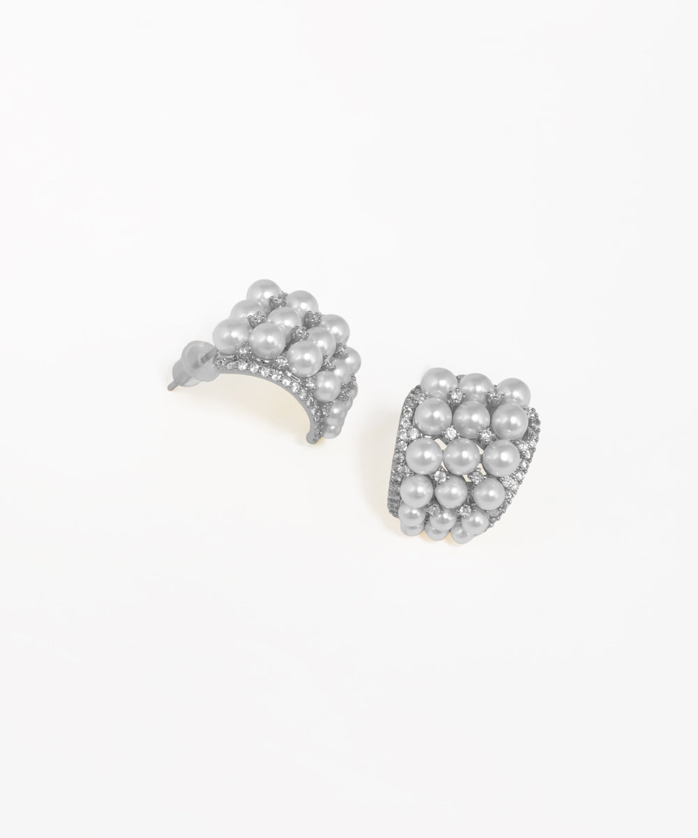 Pearl embellished crescent earrings with elegant gold-tone detailing