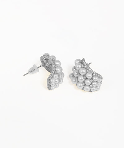 Moon-shaped stud earrings with pearl cluster accents and crystal embellishments