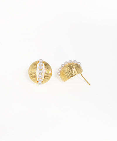 Ridged dome pearl stud earrings with gold-tone finish and contemporary design