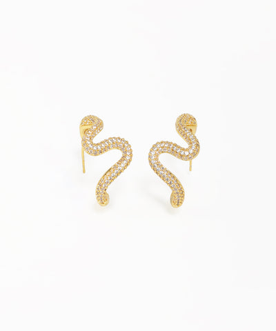 Modern gold-tone snake earrings with pavé sparkle and wavy silhouette