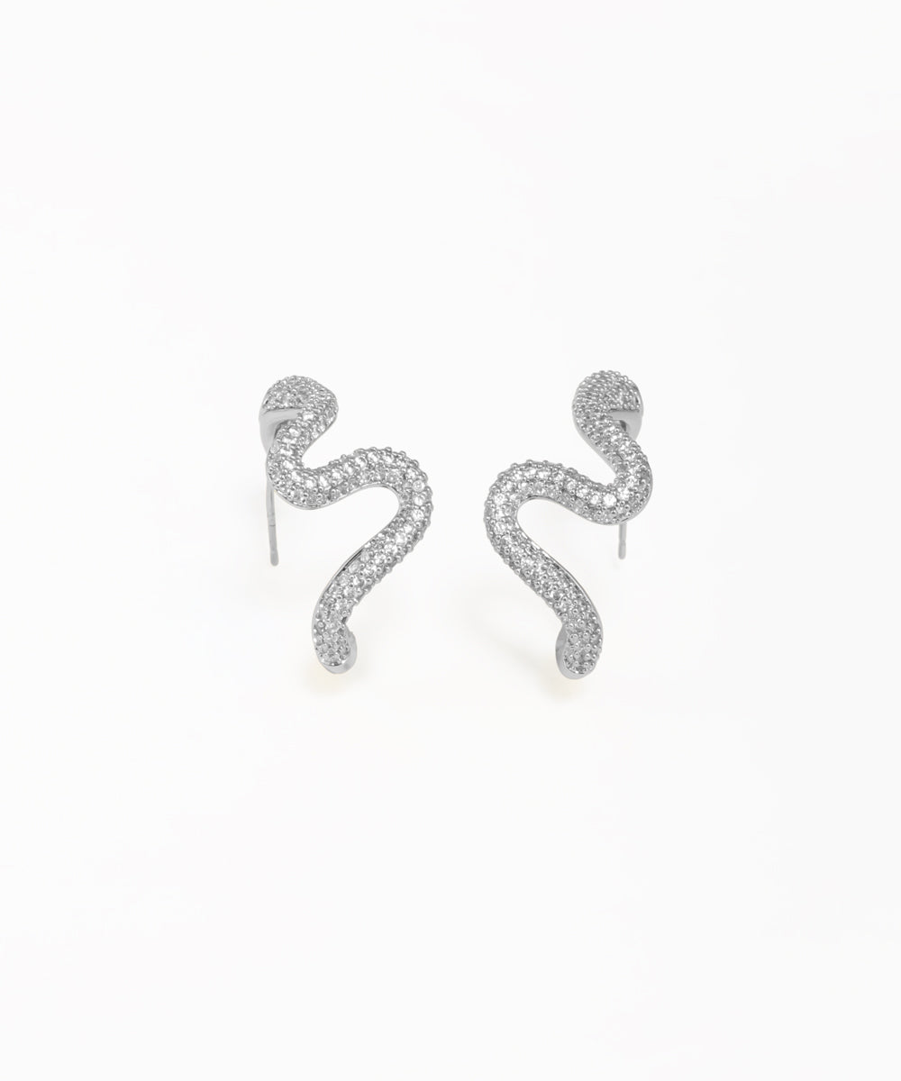 silver snake-inspired stud earrings with elegant curved design
