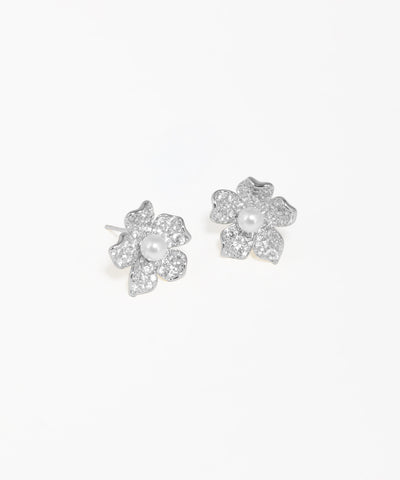 Pearl flower stud earrings with elegant silver-tone detailing