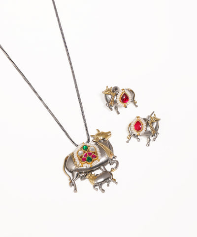 Traditional Cow Motif Oxidised Necklace with Earrings | Stylika
