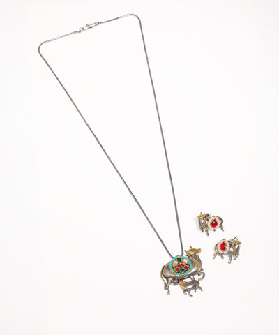 Traditional Cow Motif Oxidised Necklace with Earrings | Stylika