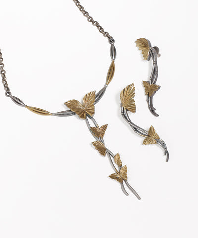 Dual Tone Butterfly Oxidised Necklace with Earrings | Stylika