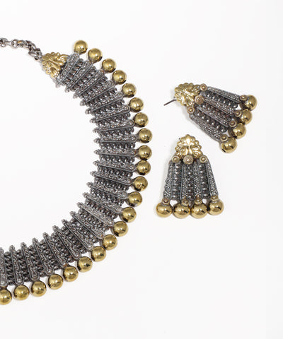 Textured Dual-Tone Oxidised Necklace with Earrings | Stylika