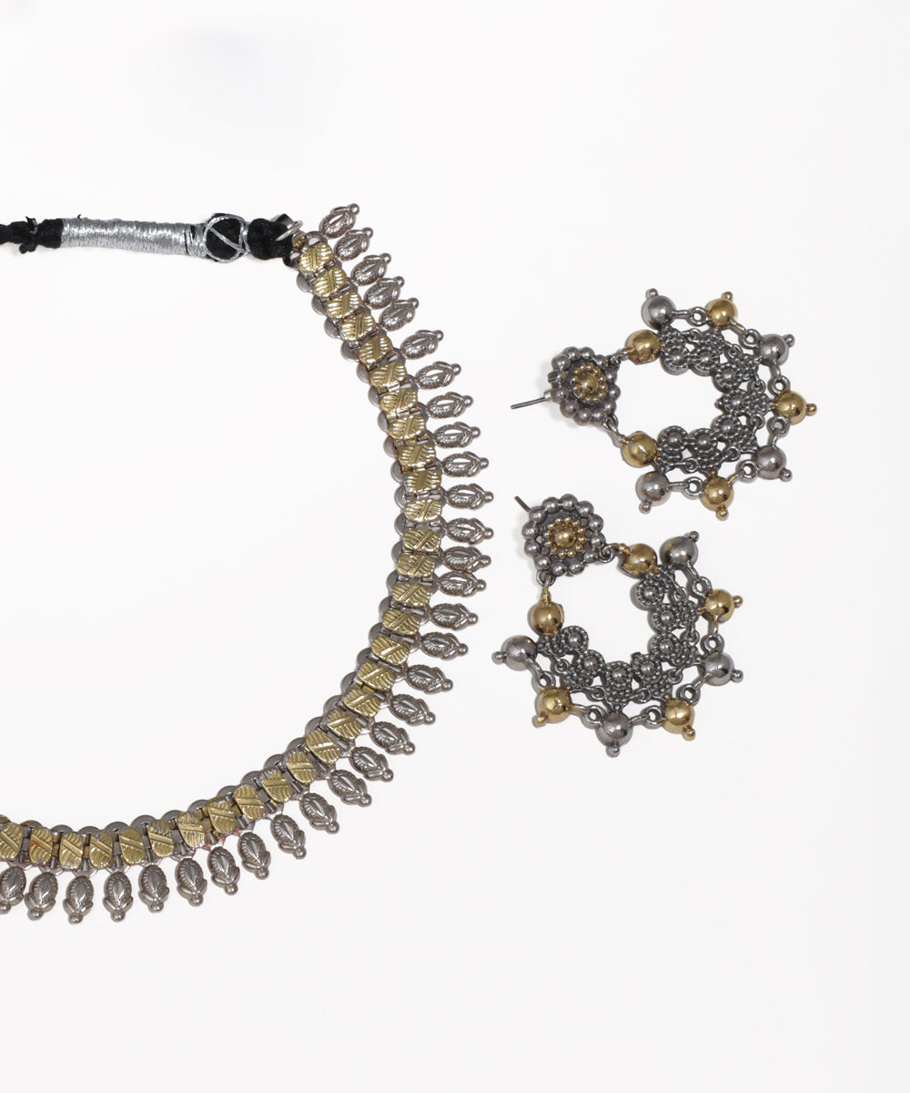 Dual Tone Oxidised Necklace with Matching Earrings | Stylika