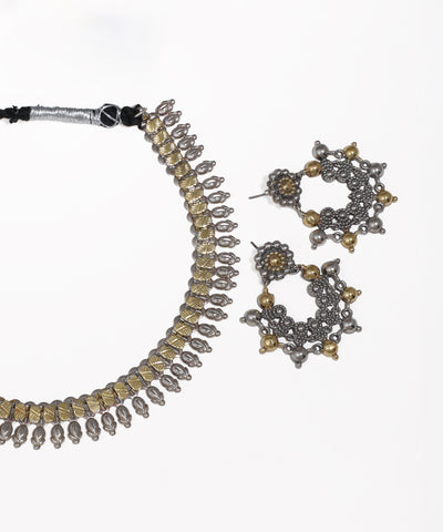 Dual Tone Oxidised Necklace with Matching Earrings | Stylika