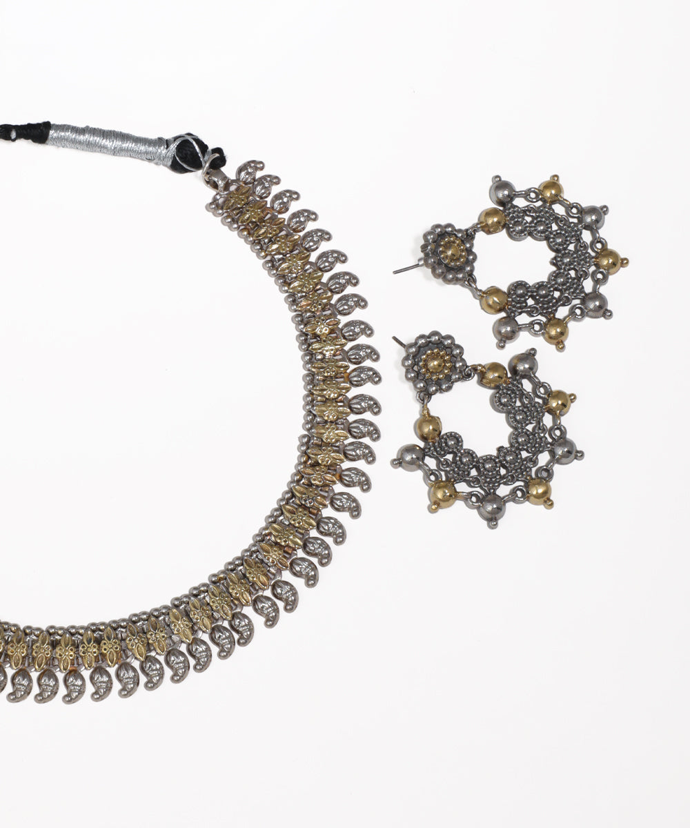 Dual-Tone Paisley Oxidised Necklace with Earrings | Stylika
