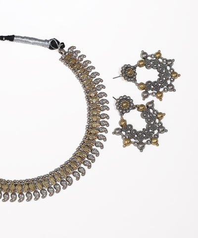 Dual-Tone Paisley Oxidised Necklace with Earrings | Stylika