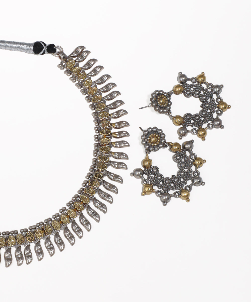 Dual Tone Leaf Oxidised Necklace with Earrings | Stylika