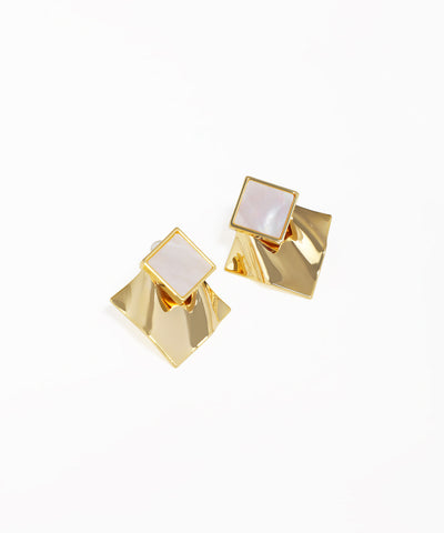 Contemporary wavy square drop earrings with gold-tone finish and sculptural design