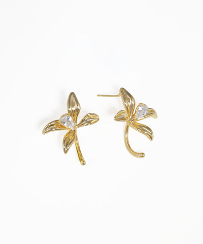 Curved floral petal earrings with crystal sparkle and gold-tone finish