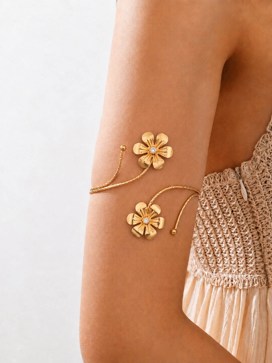 Coiled Arm Cuff with Twin Floral Embellishments | Stylika