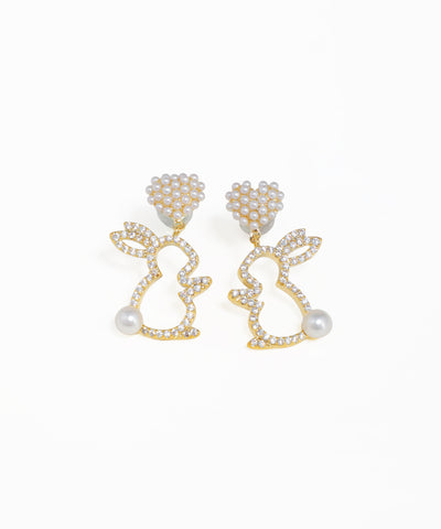 Bunny outline drop earrings with crystal cluster studs and gold-tone finish