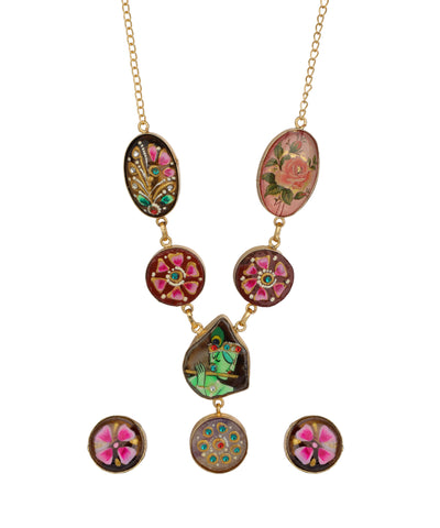 Krishna Playing Flute Floral Pichwai Necklace Set | Stylika