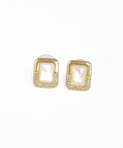 Geometric inlay stud earrings with pavé crystal detailing and gold-tone finish