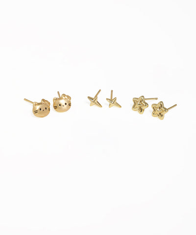 Cute gold stud earrings featuring cat motifs and sparkling stars