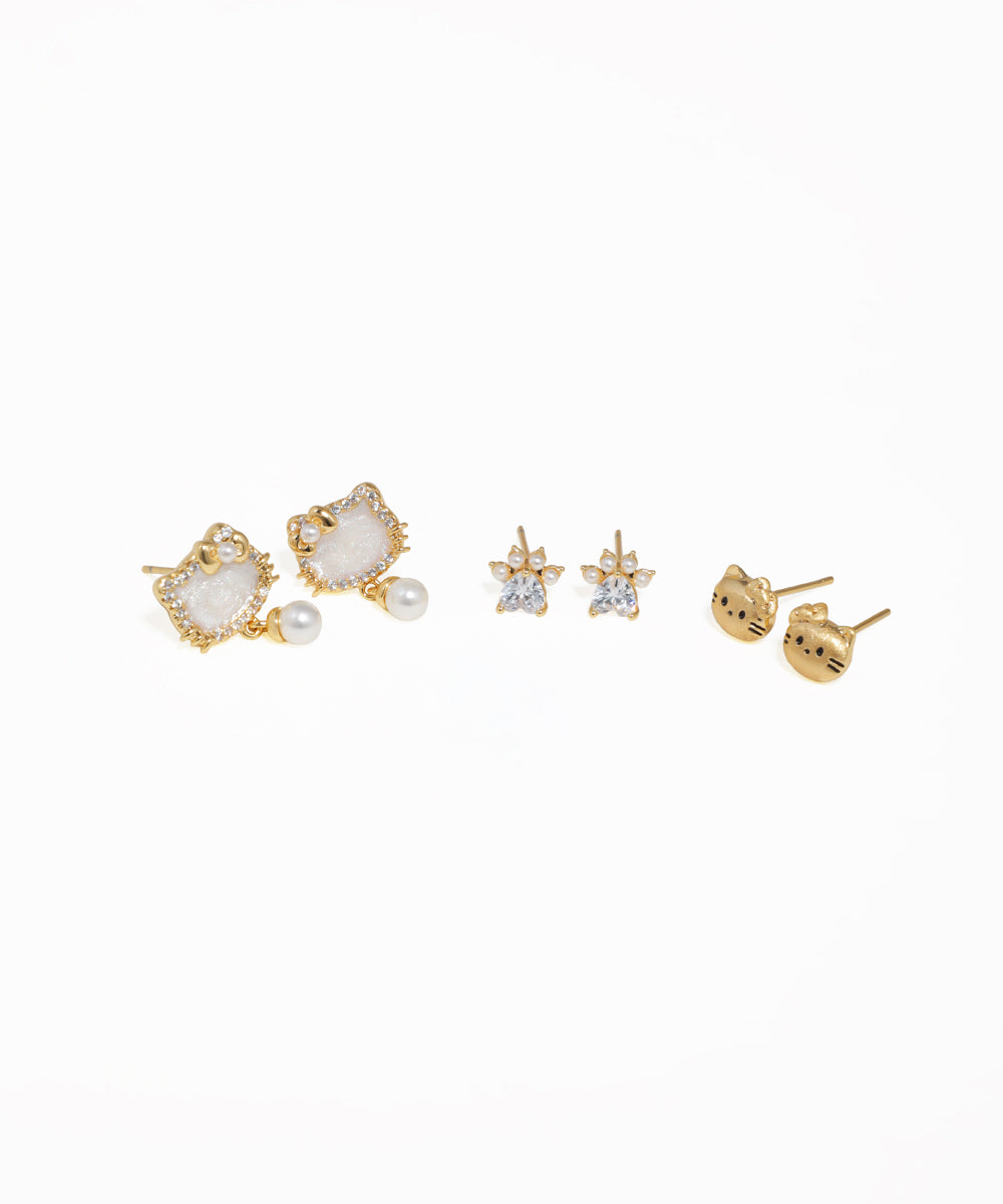 Kitty and paw print earring set with gold-tone stud and drop earrings