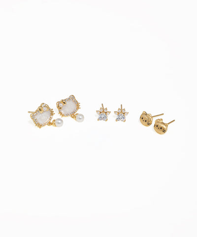Kitty and paw print earring set with gold-tone stud and drop earrings