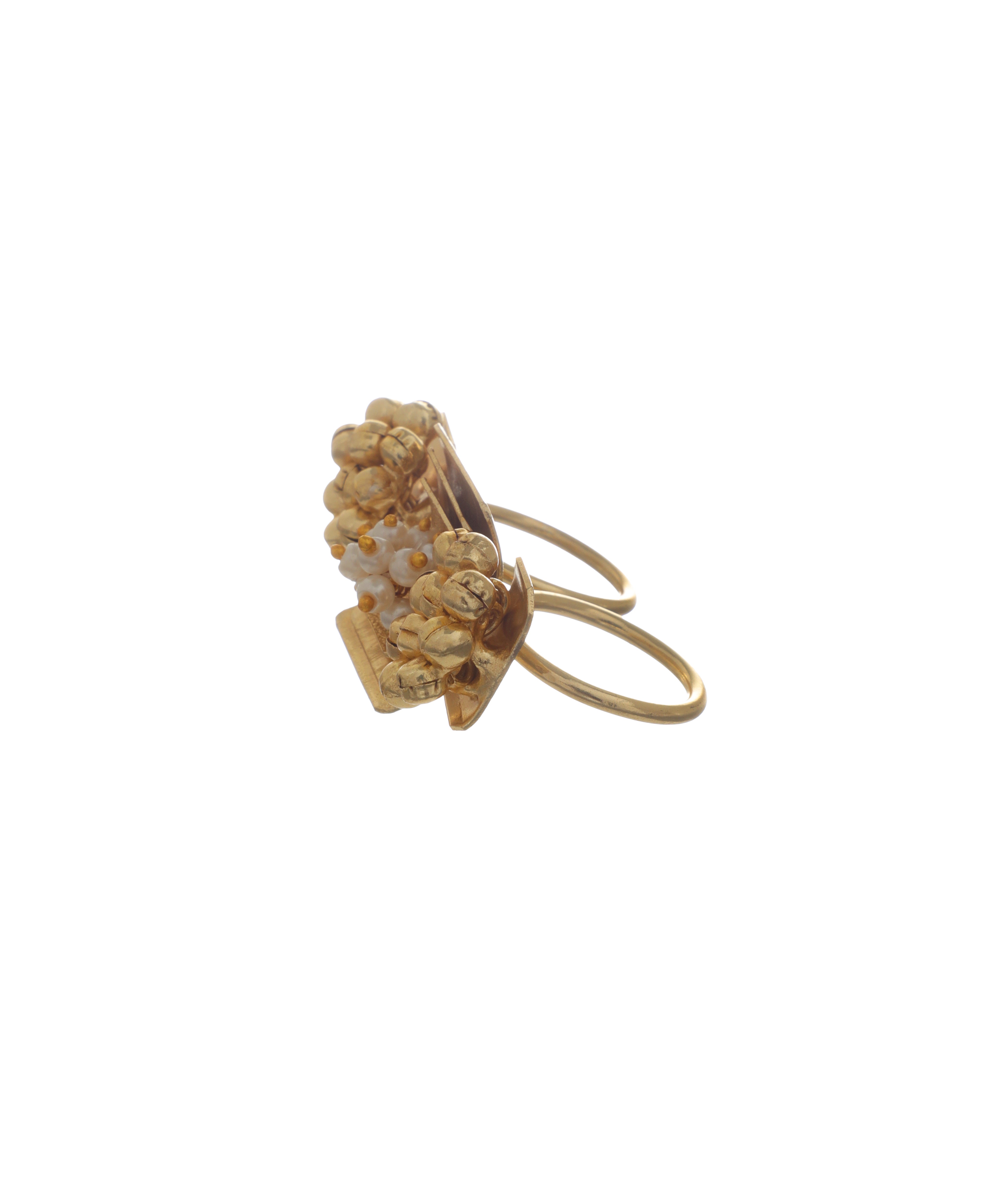 Bold Textured Bead & Faux Pearl Ethnic Double Finger Ring | Stylika