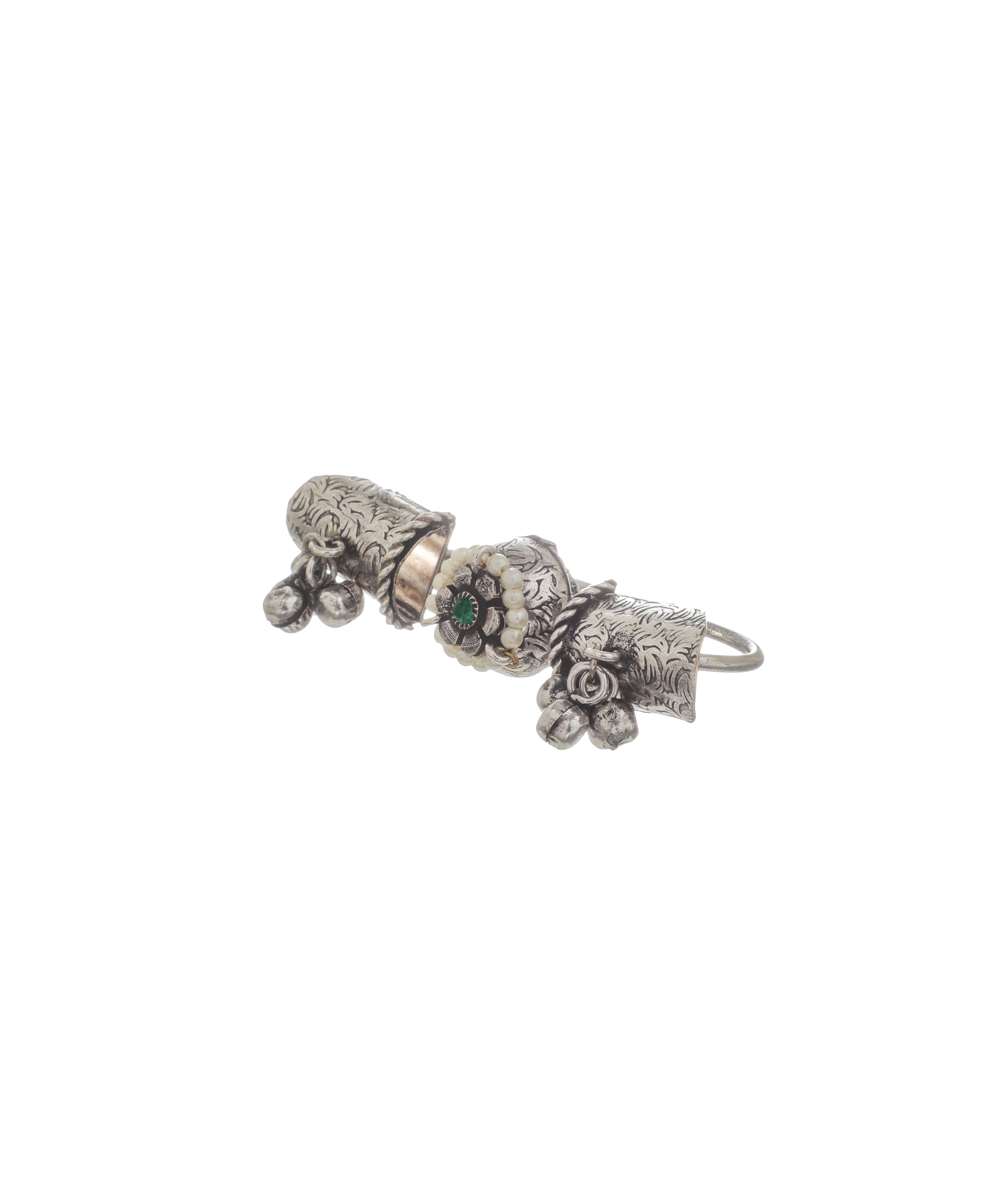 Handcrafted Floral Ghungroo Oxidised Double Finger Ring | Stylika