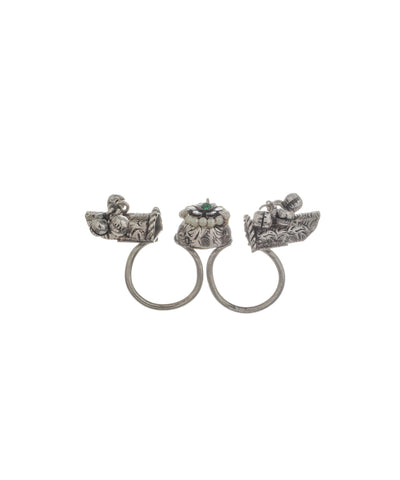 Handcrafted Floral Ghungroo Oxidised Double Finger Ring | Stylika