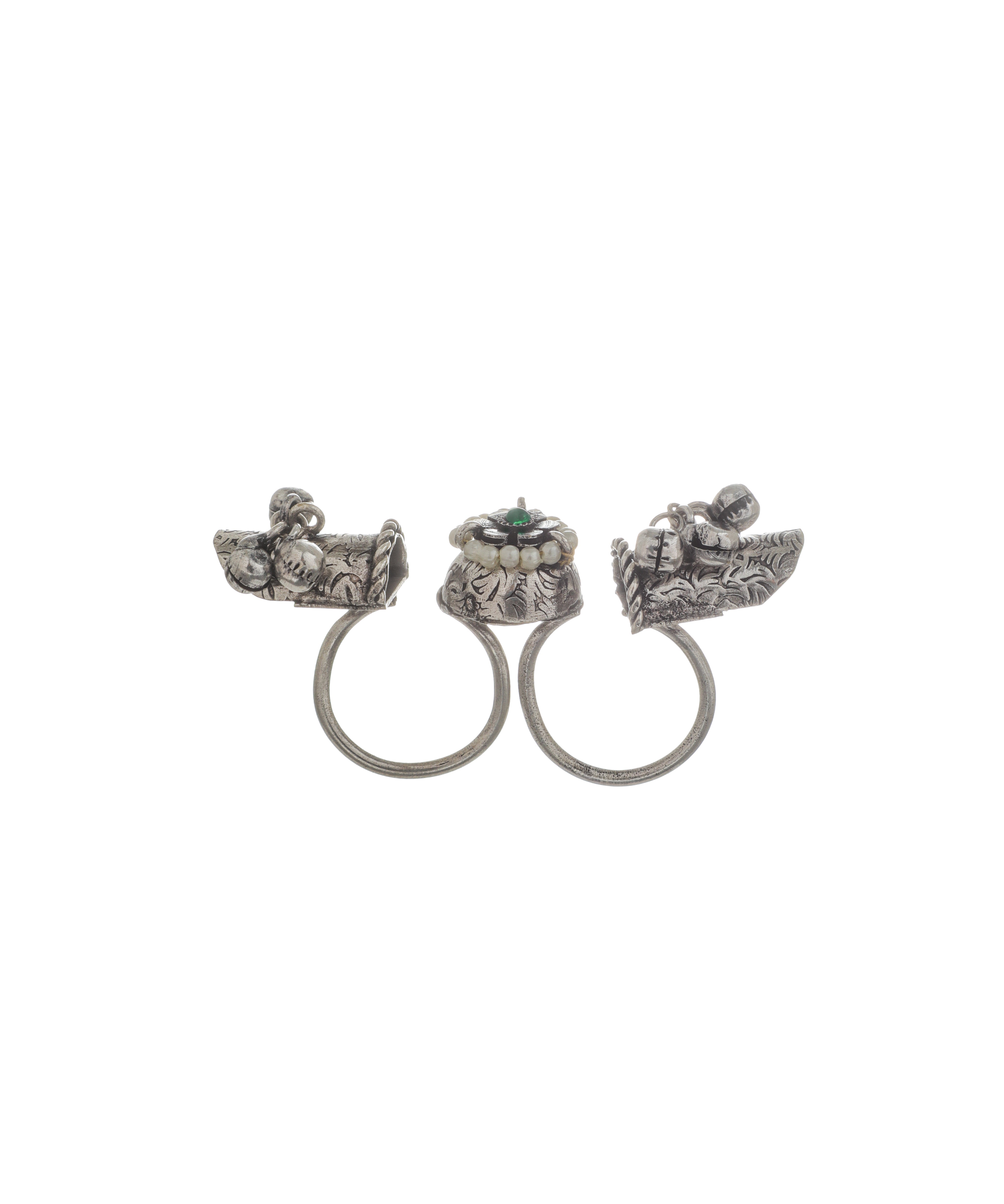 Handcrafted Floral Ghungroo Oxidised Double Finger Ring | Stylika