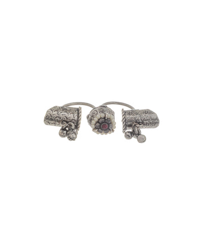 Handcrafted Floral Ghungroo Oxidised Double Finger Ring | Stylika