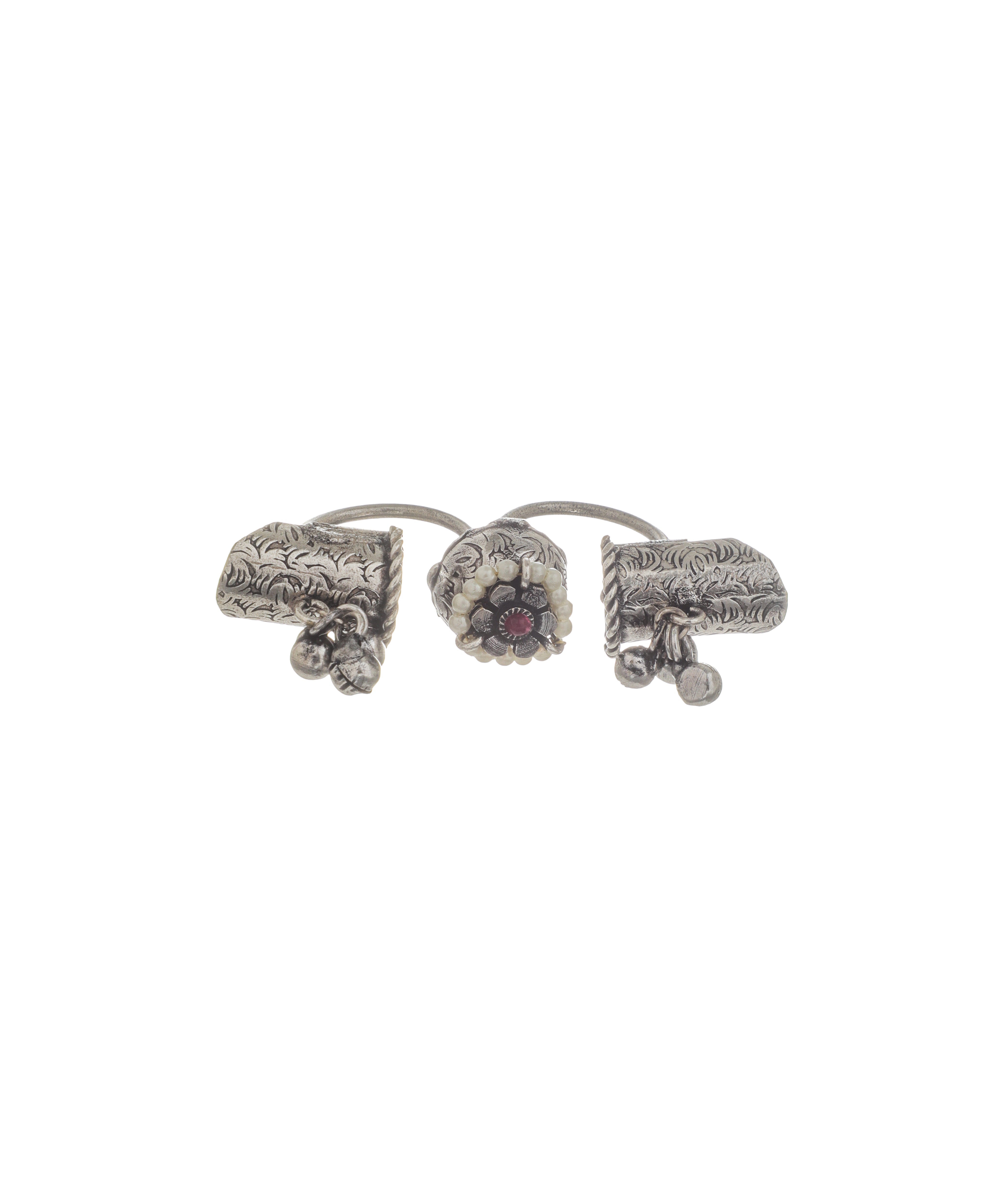 Handcrafted Floral Ghungroo Oxidised Double Finger Ring | Stylika