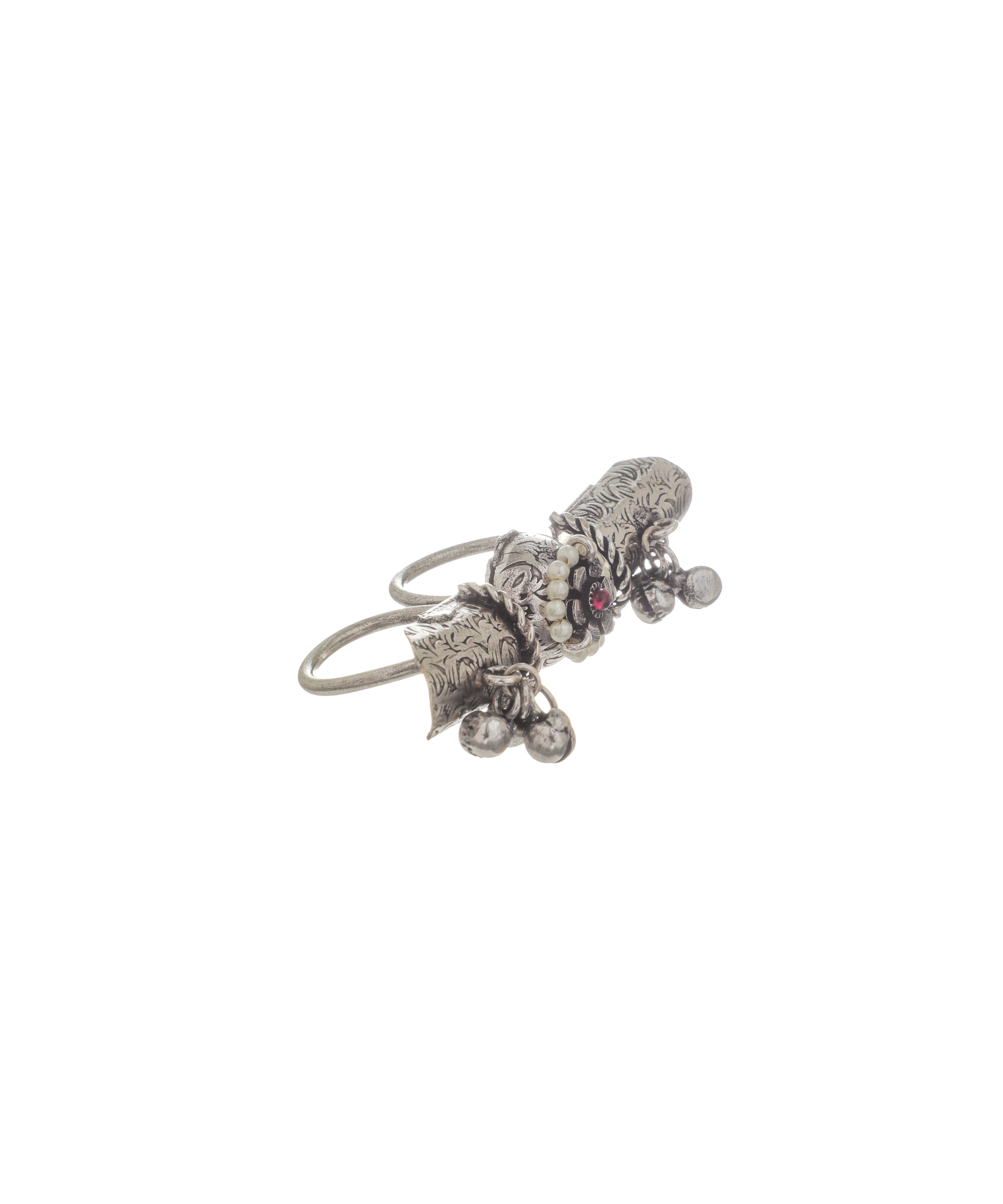 Handcrafted Floral Ghungroo Oxidised Double Finger Ring | Stylika