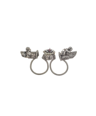 Handcrafted Floral Ghungroo Oxidised Double Finger Ring | Stylika