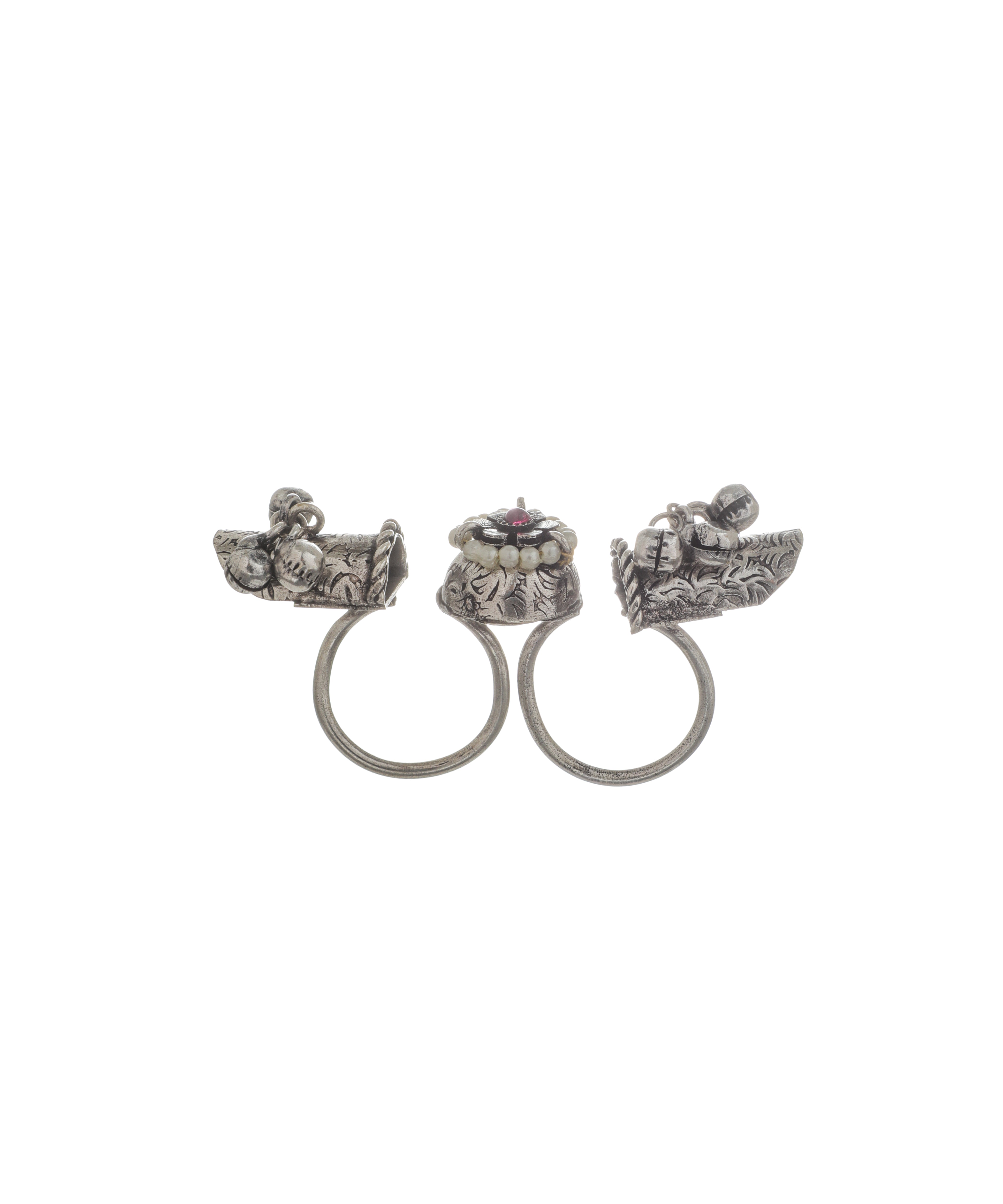 Handcrafted Floral Ghungroo Oxidised Double Finger Ring | Stylika