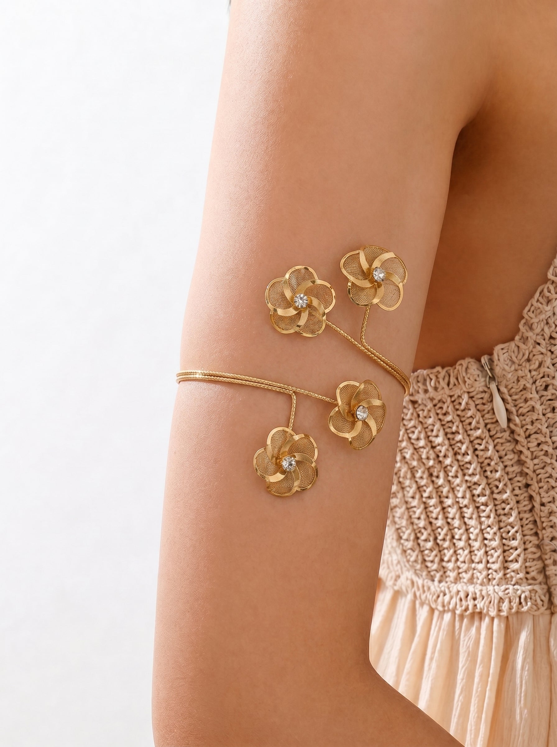Ornate Floral Arm Cuff with Mesh Petals and Stones | Stylika